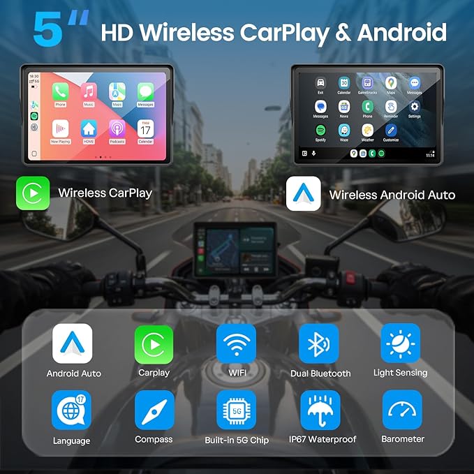 WonVon Motorcycle CarPlay Screen with Android Auto – 5” Waterproof GPS, Pantalla para Moto, Apple CarPlay, Navigation System for Motorcycle, Dual 2K Dash Cam Bluetooth Audio & TPMS (No SD Card)