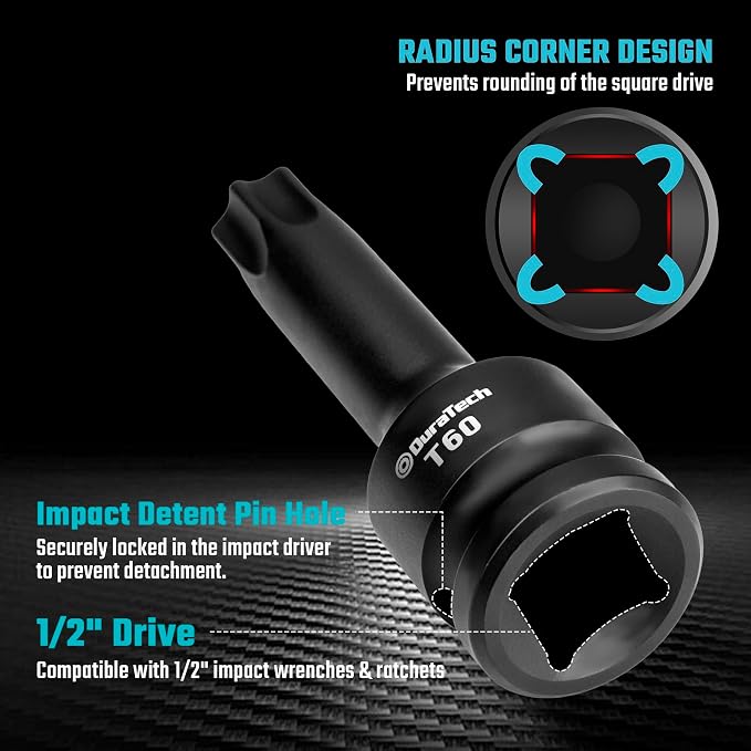 DURATECH 24-Piece Impact Set, 8-Piece Impact Torx Bit Set, 1/2" Drive, T30, T40, T45, T50, T55, T60, T70, T80 Torx Bits, 16-Piece 3/8" Drive Impact Universal Joint Socket Set, Swivel Socket Set, Cr-Mo