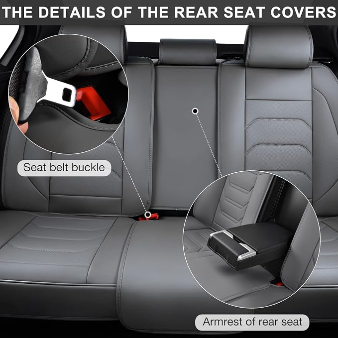 TIEHESYT Gray Car Seat Covers Full Set, Breathable Leather Automotive Front and Rear Seat Covers & Headrest for Reduce The Driving Fatigue, Compatible with Most Vehicles, Cars