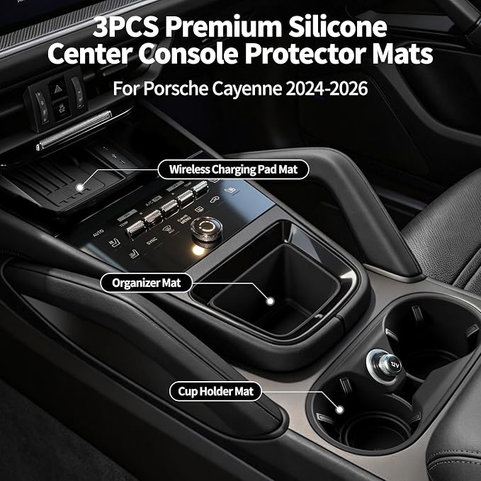 4PCS Center Console Storage Mat, Wireless Charging Silicone Mat, Full‑Wrap Cup Holder Inserts & Dashboard Center Clock Surrounding Compass Cover for 2024 2025 2026 Porsche Cayenne Accessories