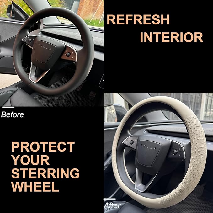 PINCTROT Nappa Leather Steering Wheel Cover for Tesla Model Y/3 Highland/Juniper, D Shaped 14 Inch Small Sized with Breathable Perforation, Fit Like Gloves, Flat Bottom 14 Inch(Nappa Beige)