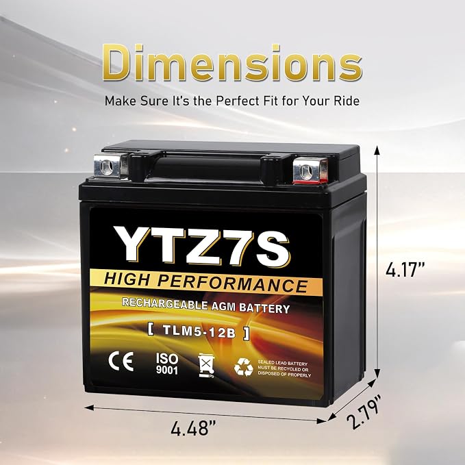 YTZ7S-BS 12V 6Ah AGM Sealed Motorcycle Battery, Maintenance-Free, Compatible with Honda TRX450ER TRX450R ATV, Scooter & 4 Wheeler