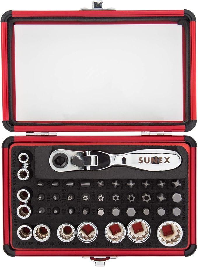 Sunex 9732 44Pc 1/4" Dr Mini Dual Flex Head RATCHET W Socket & Bit Set & Klein Tools 65200 Ratchet Set, 5-Piece Mini Ratchet Set with Phillips, Slotted, and Adapter for Other Socket Sizes