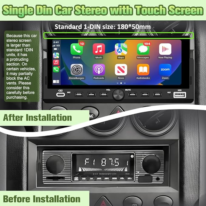 Universal Single Din Car Stereo with Wireless CarPlay & Android Auto, 6.86" IPS Touch Screen Head Unit with Backup Camera/External Microphone, Car Radio Supports Bluetooth/SWC/FM/USB