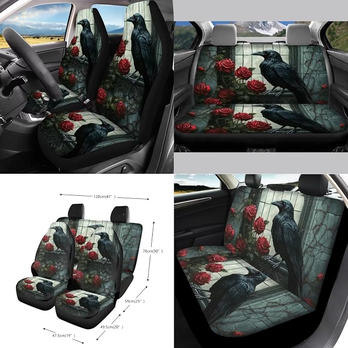 Crow Rose Flower Pattern Car Accessories Set of 15, Full Set Seats Covers, Auto Streering Wheel Cover Trash Bin, Seat Belt Pad Keychain Coasters Air Vent Storage Bag