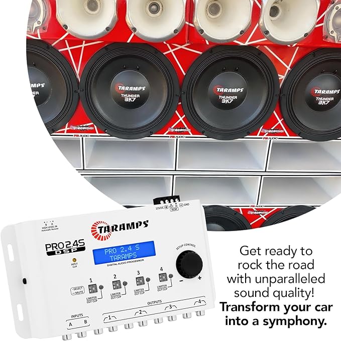 Taramps DSP Pro 2.4S White Crossover Full Digital Signal Car Audio Processor and Equalizer with Sequencer 15-Band Graphic Equalization 12 preset EQ, Remote Signal, Alignment, 2 Channel in and 4 Out