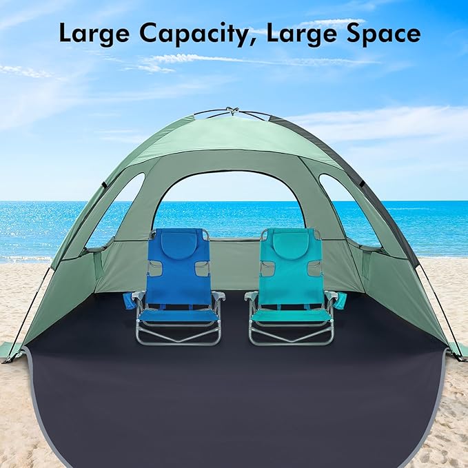 WhiteFang Beach Tent Anti-UV Portable Sun Shade Shelter for 3/4/6/8 Person, Extendable Floor with 3 Ventilating Mesh Windows Plus Carrying Bag, Stakes and Guy Lines