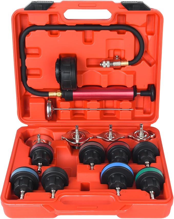14pcs Automotive Cooling System Tester Radiator Pump Pressure Leak Tester Gauge Tool Kit,Coolant Pressure Tester Kit with Aluminum Hand Pump and Adapters