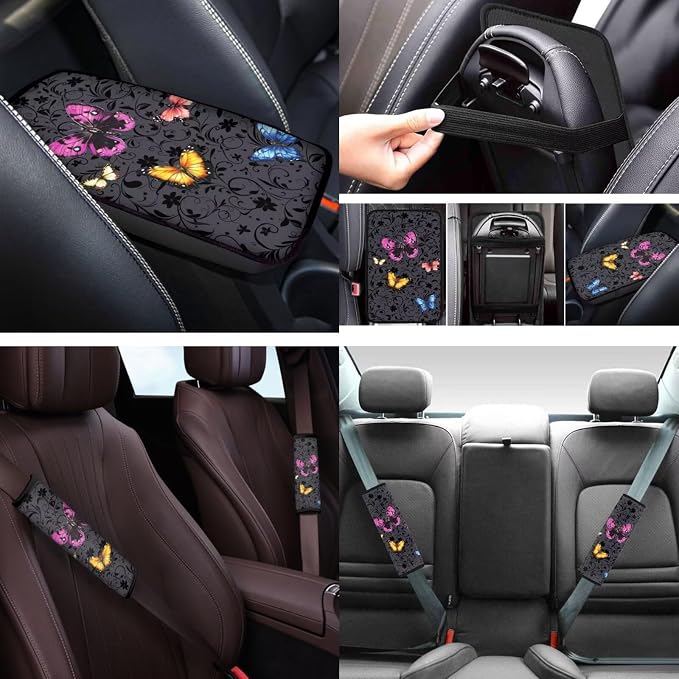 Colorful Butterfly Automobile Seat Cover Sets 12 Pack with Car Steering Wheel Cover Arm Rest Cover Keychain Holder Protector Seat Belt Pads Suitable for Most Cars,SUV