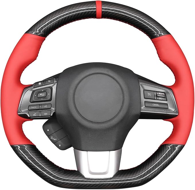 MEWANT Hand-Sewing DIY Black Glossy Carbon Fiber + Red Microfiber Leather Car Steering Wheel Cover for Subaru WRX (STI) 2015-2019 / Levorg 2015-2019/ WRX Steering Wheel Cover Accessories