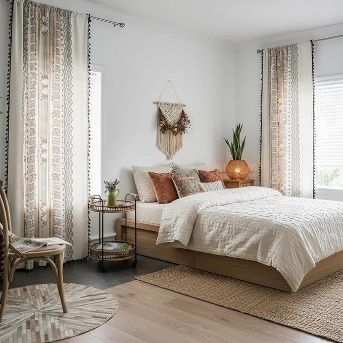 ColorBird Boho Curtains 2 Panels Orange Patterned Window Treatment Striped Geometric Aztec Western Curtain & Drapes for Living Bedroom Dining Room 63 Inch Length Boho Chic Deco