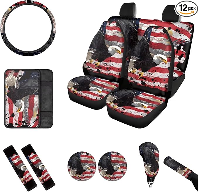12 Pieces Car Accessories Set, Patriotic Car Front Rear Seat Covers Universal Steering Wheel Cover Seatbelt Auto Armrest Pad 4th of July Decorations, Retro USA Flag Eagle