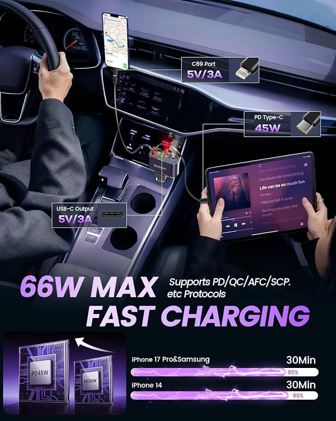 5 in 1 Retractable Car Charger USB C,Smart Car Air Freshener Diffuser | Charging Retractable Car Phone Charger with aromatherapy diffusers,66W Cigarette Lighter Adapter Type-C for iPhone17/16/15/14