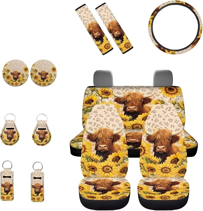 INSTANTARTS Highland Cattle Sunflower Car Seat Covers for Front and Rear 13 Pieces Set Seat Belt Pads Steering Wheel Cover Coasters Chapstick Holder Keychain Car Protection Device
