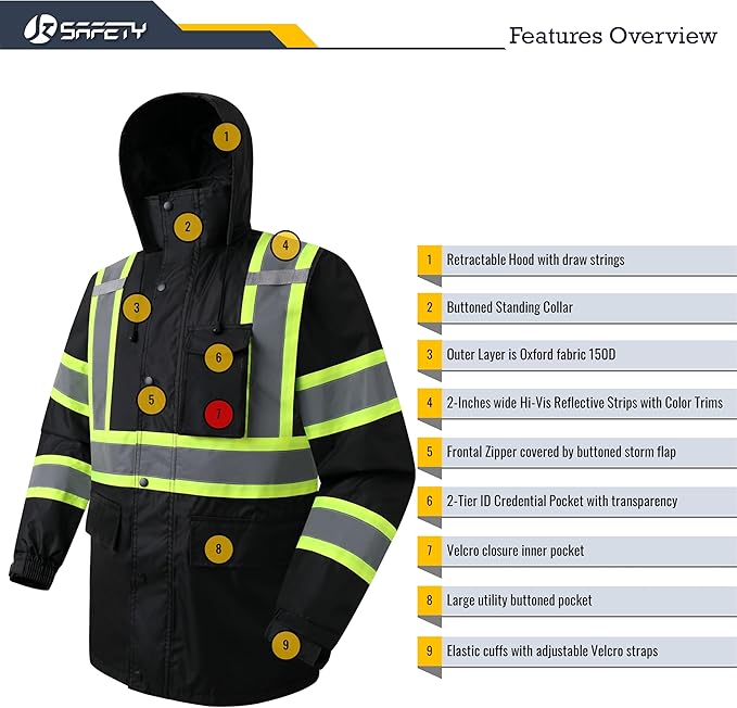 JKSafety Hi-Vis Reflective Safety Rain Jacket and Pants for Men Women Waterproof Rain Gears for Farming Fishing Work HV Rain Suit with Inner Mesh Lining and Pockets (117-Black XL)