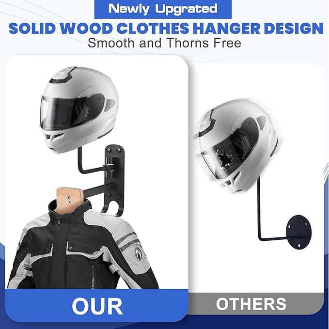 Motorcycle Helmet Rack Wall Mount 180 Degree Rotation Metal Bike Helmet Holder Mount Bicycle Helmet Display Hanger Stand with Wood Hanger & 2 Hooks for Motorcycle Bike Baseball Rugby Helmet - 2 Pack