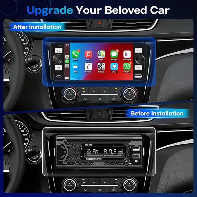 DINRGO Single Din Car Stereo - 6.5" Car Radio with Wireless Apple CarPlay Android Auto,Touchscreen Radio Bluetooth 5.2 Support Mirror Link,Backup Camera GPS USB & Type-C Fast Charging FM EQ MIC