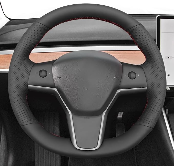 MEWANT Hand Stitch Steering Wheel Cover for Tesla Model Y 2020-2023 Model 3 2017-2023 Made of Black Genuine Leather