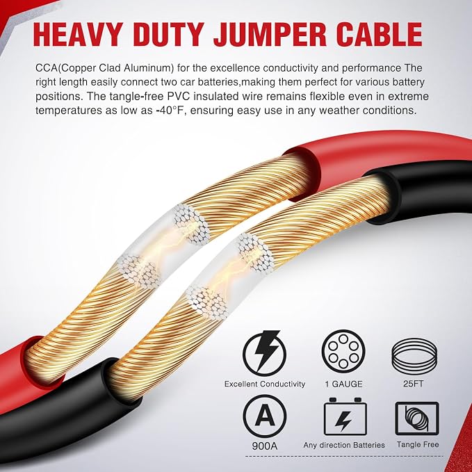 Nilight Jumper Cables for Car Battery 1 Gauge 25 FT Booster Cable Heavy Duty 900 A CCA with Carrying Bag Jump Start Emergency Kit Pickup Truck RV Vans SUV