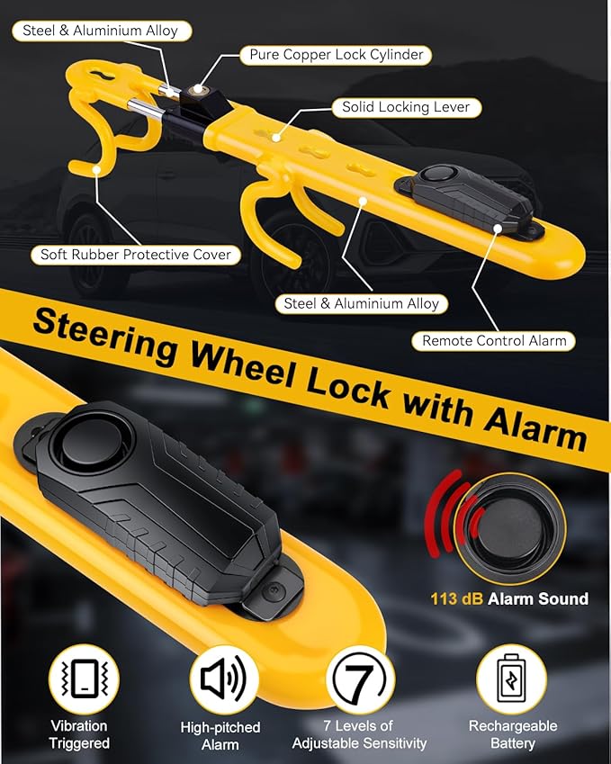 ELECTOP Car Anti-Theft Security Bundle (Steering Wheel Lock + Solar Alarm Light), 113dB Siren & LED Deterrent for Truck/SUV/Van