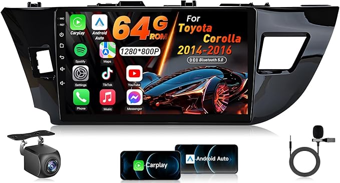 4Core 64G ROM Car Radio Stereo for Toyota Corolla 2014-2016: 5G-WiFi 10.1" 1280 * 800 Touch Screen Head Unit Wireless Carplay Android Auto Bluetooth GPS RDS EQ HiFi FM Mirror Link SWC Backup Camera