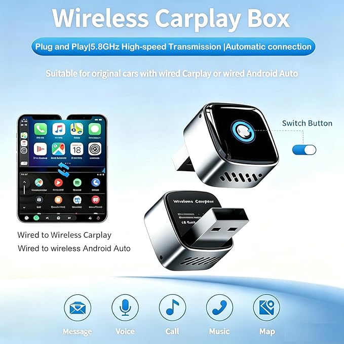 Ultra Mini Wireless CarPlay Adapter for iPhone & Android Auto, 2-in-1 Wired to Wireless CarPlay Dongle,One-Click Switch, 5s Auto Reconnect, 5.8GHz WiFi+BT5.4, Compatible with iOS10+& Android10+,silver