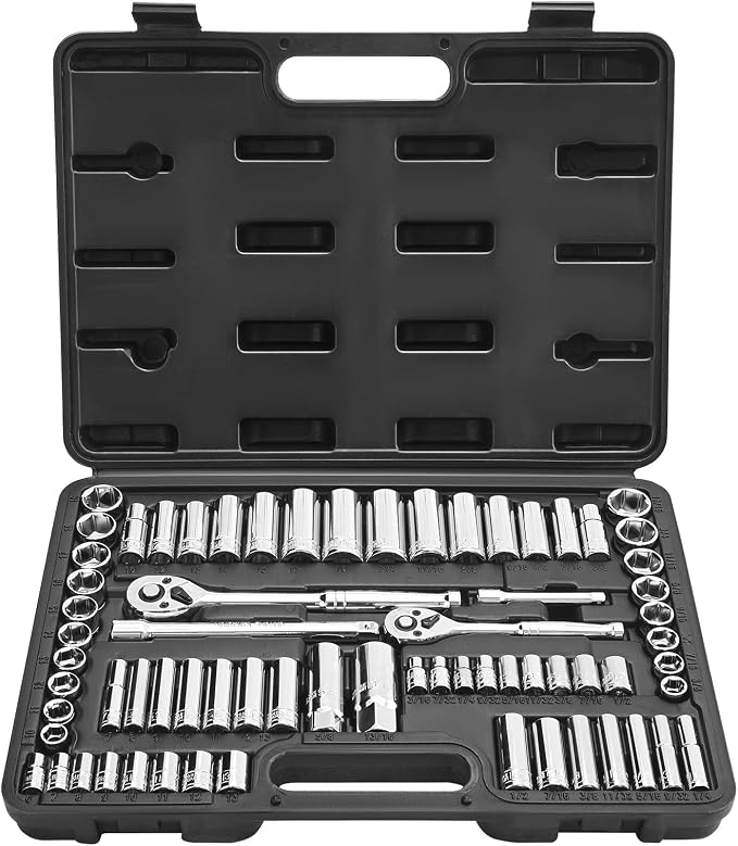VEVOR Socket Set, 69 Pieces, 3/8 & 1/4 inch Drive Socket and Ratchet Set, SAE and Metric, Deep and Standard, Mechanic Tool Kit with Accessories and Storage Case, CR-V Alloy Steel, for Auto Repair