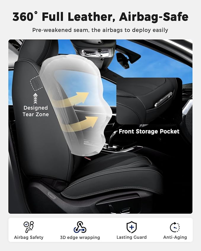 Huidasource Black Front Seat Cover Luxury Nappa Leather, Front Car Seat Cover with Airbag, Front Storage Pocket, Lumbar Support, Cooling＆Heating, Universal Fit for Most Cars SUV Trucks, Black