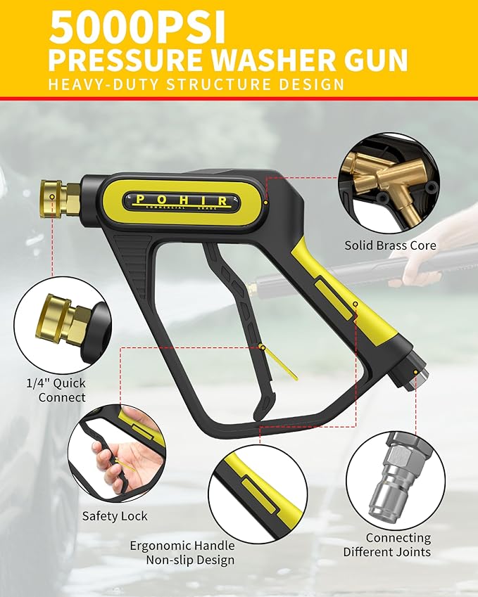 POHIR Pressure Washer Gun 5000 PSI &12 gpm with Nozzle Tips & 1/4'' Quick Connector, Swivel Design Power Washing Gun for Gas Power Washer(Gun+Nozzle)
