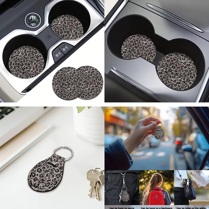 Gray Leopard Print 12 Pack Car Seat Covers Full Set with Steering Wheel Accessories Car Seat Belt Cover Arm Rest Cover Car Cup Coasters Universal Fit for Most Cars,SUVs