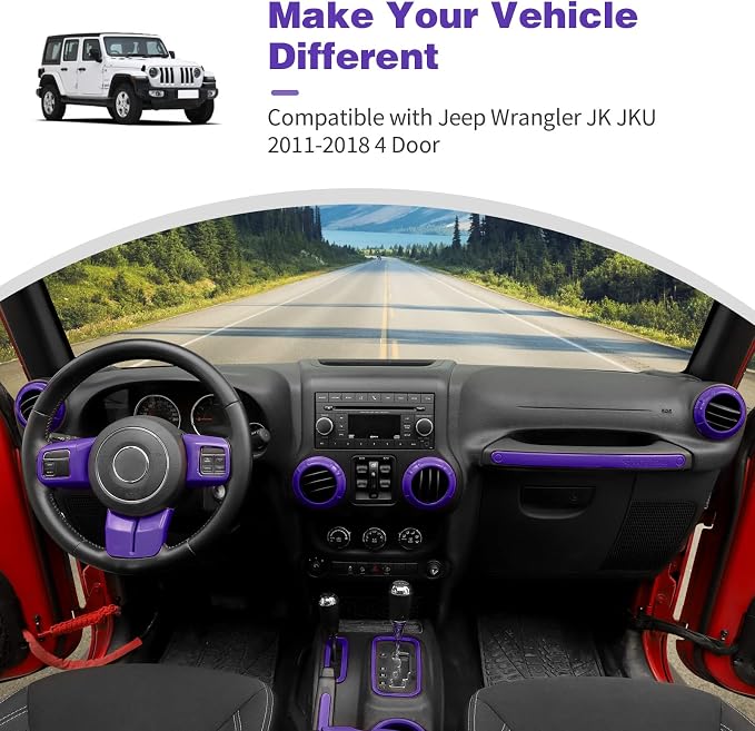 CheroCar 18PCS Interior Trim Kit for Jeep Wrangler JK JKU 2011-2018 4 Door,Steering Button Frame, Air Conditioning Vent Trim Cup Holder Cover,Gear Shift Knobs Frame,Purple…