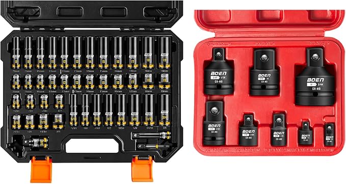 BOEN Pro 51PCS 3/8" Drive Impact Socket Set, 43-Piece SAE(5/16"-3/4") & Metric(8-19mm) set, 6-Point Deep & Shallow Kit, 1/4" 3/8" 1/2" 3/4" Drive Socket Adapter Set with Durable Case
