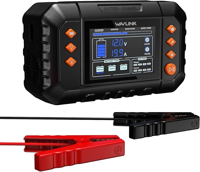 WAVLINK 280W Smart Battery Charger, Max. 20A Trickle Charger with LCD Display, for 6V/12V/24V Lead-Acid/Lithium/LiFePO4 Batteries, Battery Maintainer and Desulfurizer for Cars,Boats, Motorcycles