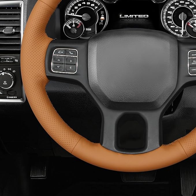 MEWANT Hand Sew Brown Artificial Leather Steering Wheel Cover for Dodge RAM 1500 2012-2018 1500 Classic 2500 3500 5500