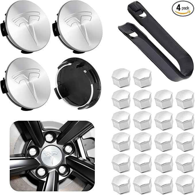 4 Pack Car Wheel Center Hub Cap Kit with 22 Lug Nut Covers, 2.2 in (56mm) Wheel Rim Covers Center Hubcaps with Emblem for Model 3 / Model Y, Silver Exterior Decoration Accessories for Tesla