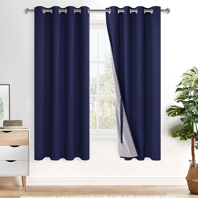 XWZO 100% Blackout Curtains 63 Inches Long with Tiebacks- Heat and Full Light Blocking, Thermal Insulated Window Panels with Grommets for Bedroom/Nursery, Navy Blue, W52 x L63, Set of 2 Draperies