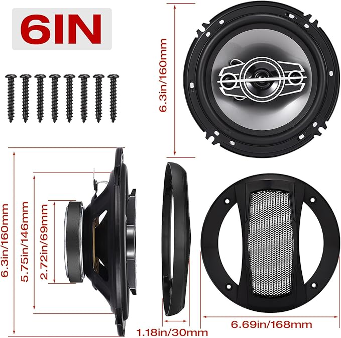 6" 4-Way Dome Tweeters Coaxial Car Speakers, 350 Watts Car Audio Speakers with PEI Dome Tweeters, 4 Ohm Vehicle Coaxial Speaker for Universal Car Stereo Speaker Replacement (Pair)