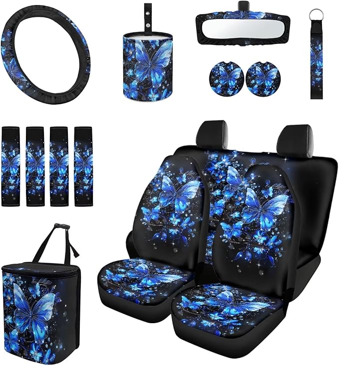 Blue Butterfly Car Seat Covers Full Set for Women Cute Car Accessories Interior Car Steering Wheel Cover Seatbelt Covers Trash Bin Rear View Mirror Cover Cup Holders Keychain