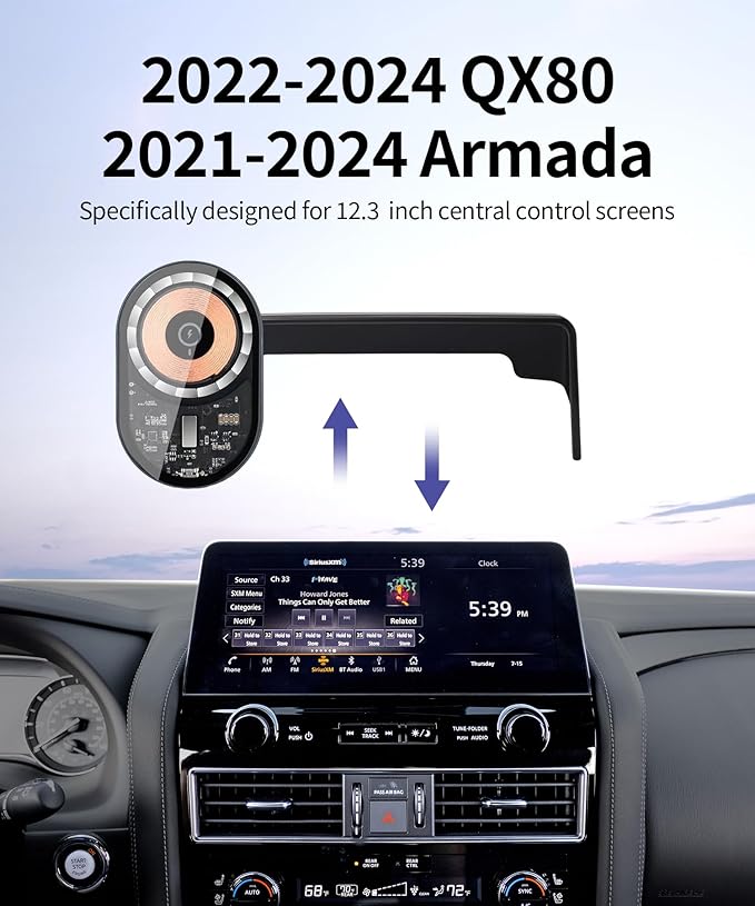 Wireless Charging Car Phone Holder for Nissan Armada 2021-2024 / Infiniti QX80 2022-2024, 12.3" Screen Fixed Clip, 360° Rotation Car Phone Mount Compatible with MagSafe