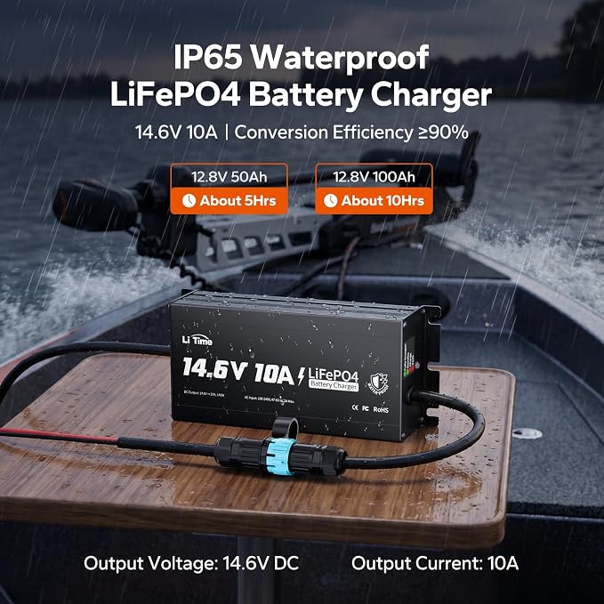 LiTime IP65 Waterproof 14.6V 10A LiFePO4 Onboard Charger, Fast Charging, 4 Safety Protections, Better Charging Performance, Extend Lithium Batteries Life, with LED Indicator, Outdoor & Marine Use