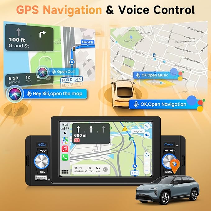 Carplay Single Din Radio 5 Inch Touch Screen Car Stereo with Car Play Android Auto, Bluetooth 5.1, HD Backup Camera, Mirror Link, Siri Voice Control, USB, FM, SWC, Dual Mic, Remote Control