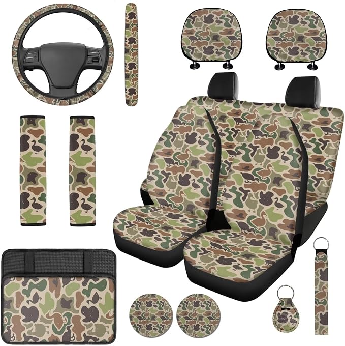 Bulopur Duck Hunting Camo Car Seat Covers Front and Backseat with Matching Steering Wheel Cover 15 Inch Center Console Pads Vehicle Seat Headrest Covers Keychain Automotive Interior Accessories Set