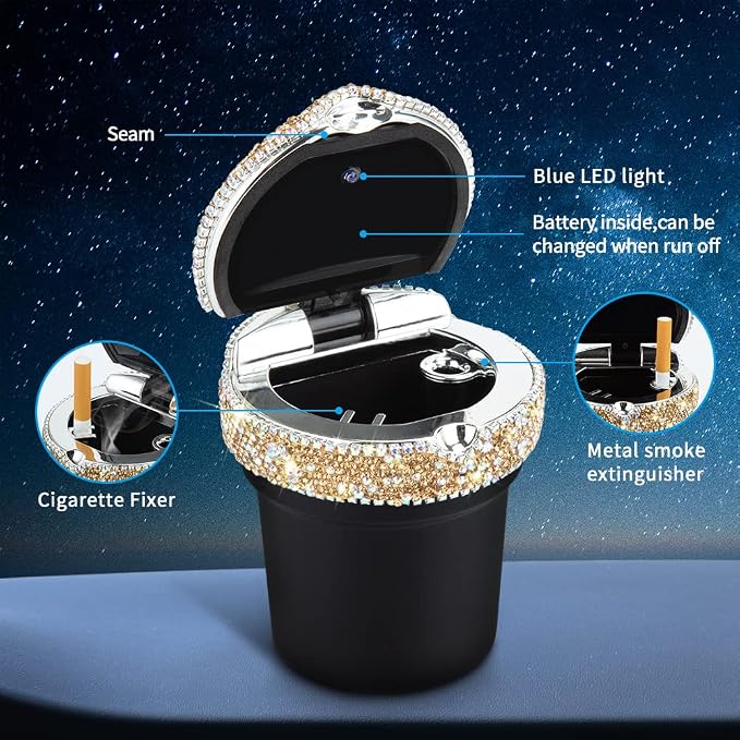 eing Car Ashtray Portable Bling Cigarette Smokeless Cylinder Cup Holder with Blue LED Light Indicator and 2 Replacement Batteries,Car Accessories for Women,Ideal for Car,Home and Office,1-Pack Gold