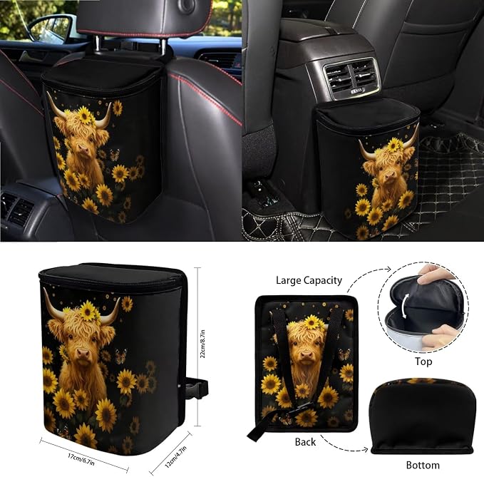 Wanyint Car Seat Cover Set 15 PCS, with Steering Wheel Seat Belt Strap Rear View Mirror Cover Trash Can Cup Coaster Keychain Air Vent Storage Bag Universal Fit, Sunflower Highland Cow Black
