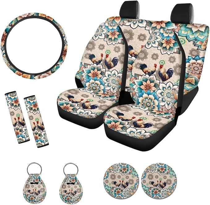 Suobstales Boho Mandala Highland Cattle Print Car Seat Covers Full Set for Women Men Seat Cover Protector Auto Decorative with Steering Wheel Cover + Seat Belt Covers + Coasters + Keychains