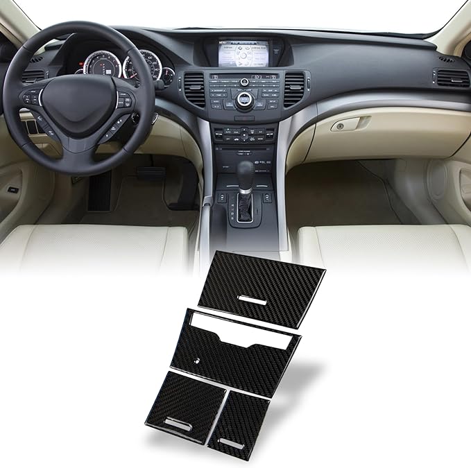 AeroBon TSX Real Carbon Fiber Interior Trim Overlay Compatible with 2009-2014 Acura TSX Sedan 2011-2014 Acura TSX Sport Wagon, 3-Piece Center Storage Panel and Cigarette Lighter Cover Trim Set