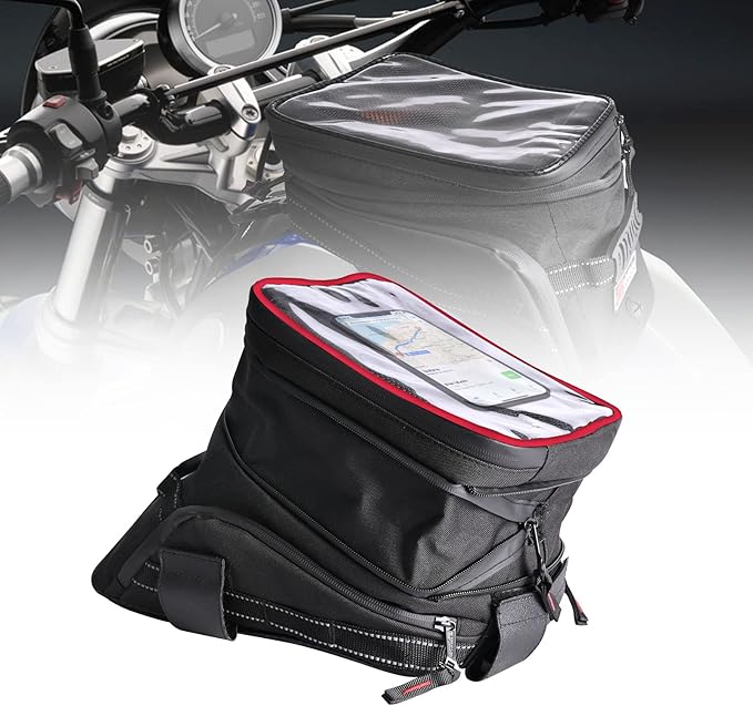 Motorcycle Tank Bag w/Strap Storage Bag Compatible with Honda Yamaha Suzuki Kawasaki Harley Water Resistant (Red Piping)