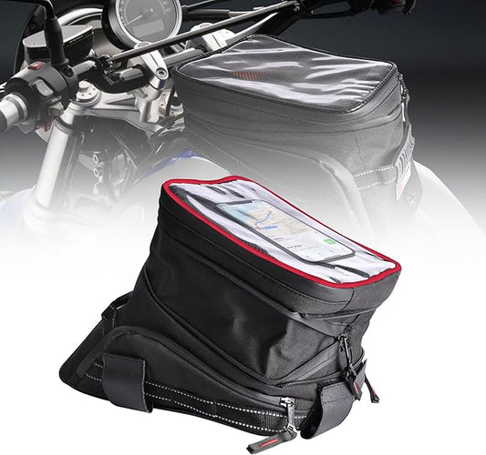 Motorcycle Tank Bag w/Strap Storage Bag Compatible with Honda Yamaha Suzuki Kawasaki Harley Water Resistant (Red Piping)