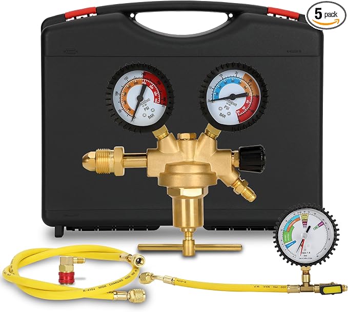 Drkerr 53010 Automotive HVAC Pressure Tester Kit, Nitrogen Pressure Regulator, Charging Hose, Leak Detection Adapter, R134a Connector, Custom Molded Plastic Boxes, Professional-Pressure Testing Tools