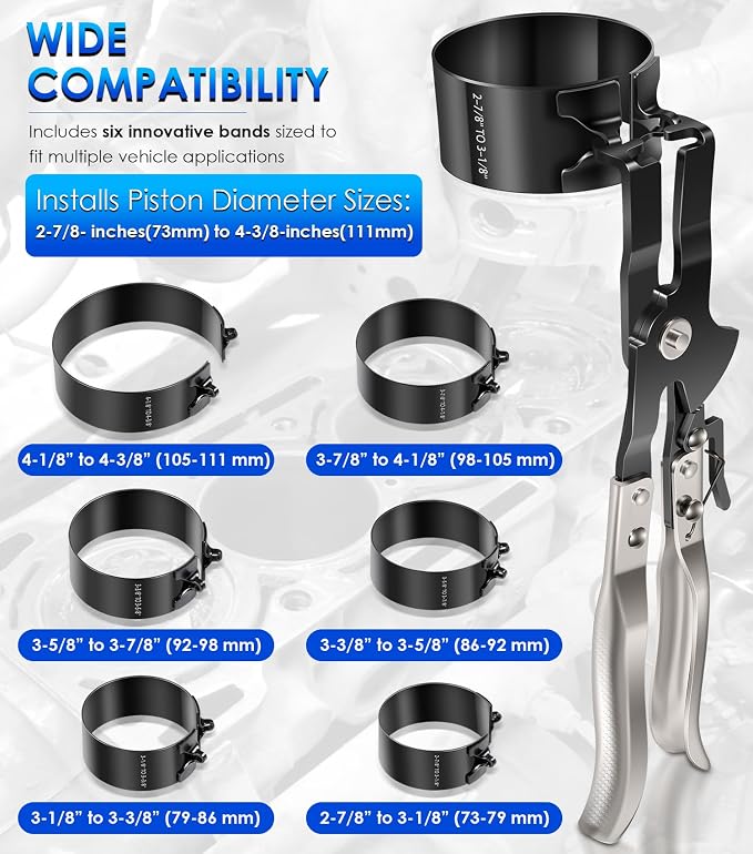 940387 Piston Ring Compressor Tool Set for Car Diesel Engines with Vehicle Maintenance Clamps, Ratchet Pliers and Storage Case, Piston Ring Band Sizes 2-7/8" to 4-3/8"